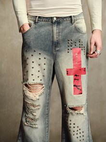 ROMWE MEN Men's Casual Daily Travel Flare Jeans With Pocket, Button And Distressed Design - Bronze - View 2