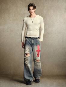 ROMWE MEN Men's Casual Daily Travel Flare Jeans With Pocket, Button And Distressed Design - Bronze - View 7