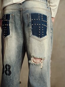 ROMWE MEN Men's Casual Daily Travel Flare Jeans With Pocket, Button And Distressed Design - Bronze - View 4