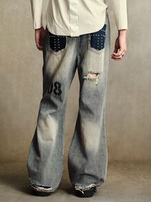 ROMWE MEN Men's Casual Daily Travel Flare Jeans With Pocket, Button And Distressed Design - Bronze - View 3