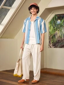Whitmere 男士夏季条纹印花休闲优雅翻领全扣短袖宽松衬衫，适合多种场合 - 藍色 - 查看 3