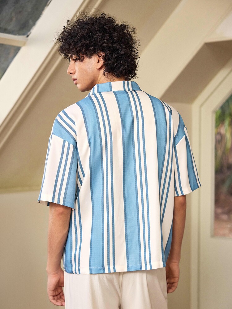 Whitmere Men's Summer Striped Print Casual Elegant Turndown Collar Full-Button Short Sleeve Boxy Short Loose Shirt, Suitable For Multiple Occasions - Blue - View 2