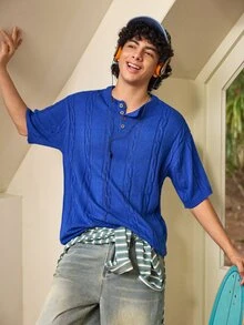 Whitmere Spring/Summer Men's Unisex Casual Loose Minimalist Twisted Rope Pattern Versatile Business Commute Vacation Elegant Elegant Solid Color Crew Neck Knit Top Button Half-Open Placket Pullover Short Sleeve T-Shirt Knit Top Blue Sweater - Blue - View 6