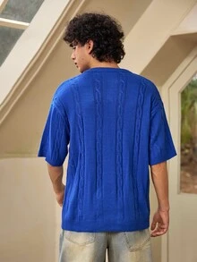 Whitmere Spring/Summer Men's Unisex Casual Loose Minimalist Twisted Rope Pattern Versatile Business Commute Vacation Elegant Elegant Solid Color Crew Neck Knit Top Button Half-Open Placket Pullover Short Sleeve T-Shirt Knit Top Blue Sweater - Blue - View 2