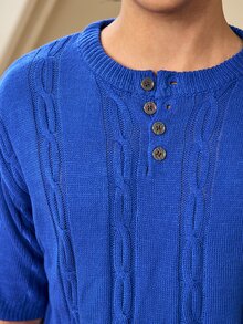 Whitmere Spring/Summer Men's Unisex Casual Loose Minimalist Twisted Rope Pattern Versatile Business Commute Vacation Elegant Elegant Solid Color Crew Neck Knit Top Button Half-Open Placket Pullover Short Sleeve T-Shirt Knit Top Blue Sweater - Blue - View 8