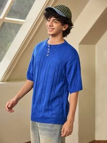 Whitmere Spring/Summer Men's Unisex Casual Loose Minimalist Twisted Rope Pattern Versatile Business Commute Vacation Elegant Elegant Solid Color Crew Neck Knit Top Button Half-Open Placket Pullover Short Sleeve T-Shirt Knit Top Blue Sweater - Blue - View 7