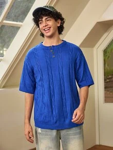 Whitmere Spring/Summer Men's Unisex Casual Loose Minimalist Twisted Rope Pattern Versatile Business Commute Vacation Elegant Elegant Solid Color Crew Neck Knit Top Button Half-Open Placket Pullover Short Sleeve T-Shirt Knit Top Blue Sweater - Blue - View 4