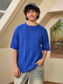 Whitmere Spring/Summer Men's Unisex Casual Loose Minimalist Twisted Rope Pattern Versatile Business Commute Vacation Elegant Elegant Solid Color Crew Neck Knit Top Button Half-Open Placket Pullover Short Sleeve T-Shirt Knit Top Blue Sweater - Blue - View 5