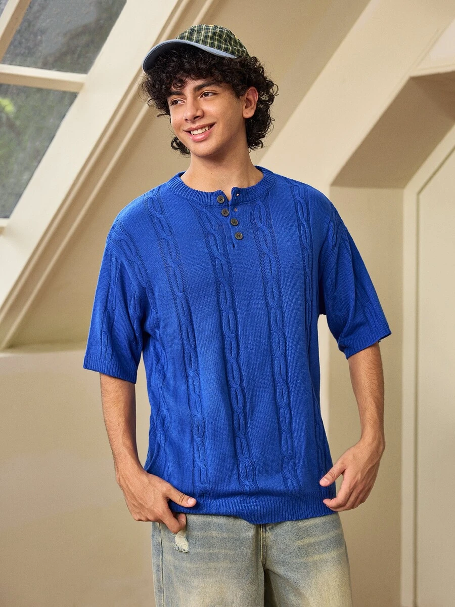 Whitmere Spring/Summer Men's Unisex Casual Loose Minimalist Twisted Rope Pattern Versatile Business Commute Vacation Elegant Elegant Solid Color Crew Neck Knit Top Button Half-Open Placket Pullover Short Sleeve T-Shirt Knit Top Blue Sweater - Blue - View 1