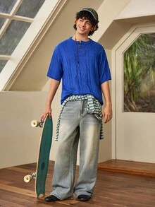 Whitmere Spring/Summer Men's Unisex Casual Loose Minimalist Twisted Rope Pattern Versatile Business Commute Vacation Elegant Elegant Solid Color Crew Neck Knit Top Button Half-Open Placket Pullover Short Sleeve T-Shirt Knit Top Blue Sweater - Blue - View 3