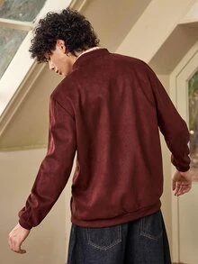 Whitmere جاكيت طيران رجالي بلون موحد من الشمواه والفليس الخفيف، بسحاب كامل وياقة واقفة، ملابس خارجية كاجوال، جاكيت جلد صناعي بطراز ريترو، للخريف/الشتاء/الربيع - عنابي اللون - مشاهدة 1