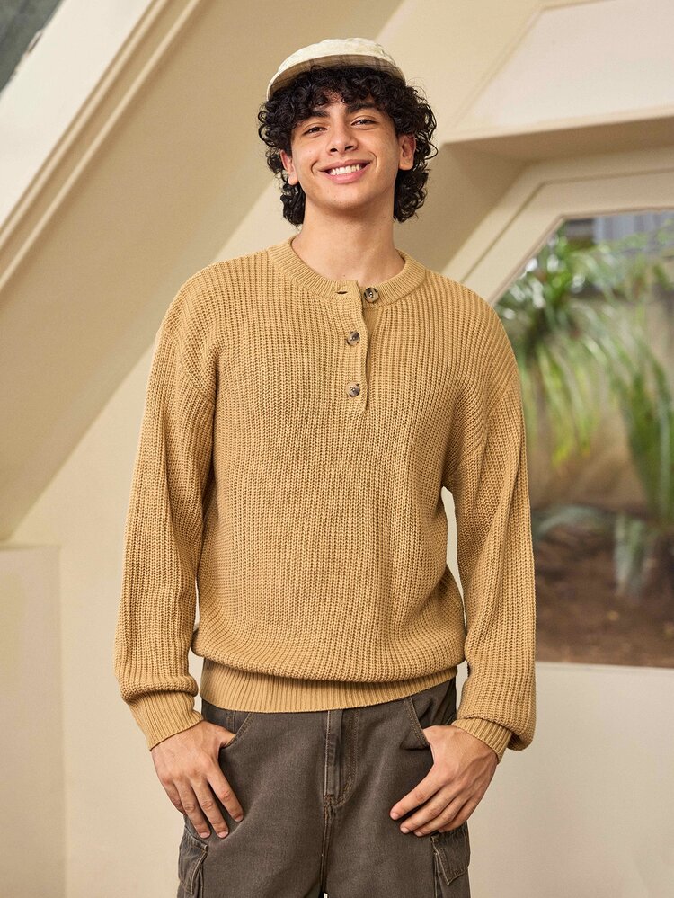 Whitmere Men's Comfortable Minimalist Button Decor Long Sleeve Crew Neck Sweater, Casual Versatile For Daily Wear, Autumn/Winter - Khaki - View 5