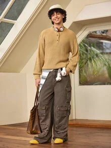 Whitmere Men's Comfortable Minimalist Button Decor Long Sleeve Crew Neck Sweater, Casual Versatile For Daily Wear, Autumn/Winter - Khaki - View 3