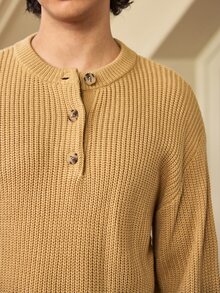 Whitmere Men's Comfortable Minimalist Button Decor Long Sleeve Crew Neck Sweater, Casual Versatile For Daily Wear, Autumn/Winter - Khaki - View 7