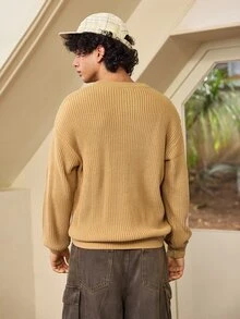 Whitmere Men's Comfortable Minimalist Button Decor Long Sleeve Crew Neck Sweater, Casual Versatile For Daily Wear, Autumn/Winter - Khaki - View 2