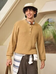 Whitmere Men's Comfortable Minimalist Button Decor Long Sleeve Crew Neck Sweater, Casual Versatile For Daily Wear, Autumn/Winter - Khaki - View 6