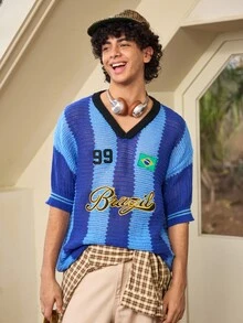 Whitmere Spring/Summer New Vintage Sports Jersey Small V-Neck Striped Short Sleeve T-Shirt Top - Blue - View 4