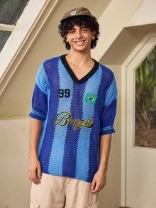 Whitmere Spring/Summer New Vintage Sports Jersey Small V-Neck Striped Short Sleeve T-Shirt Top - Blue - View 3