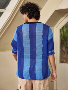 Whitmere Spring/Summer New Vintage Sports Jersey Small V-Neck Striped Short Sleeve T-Shirt Top - Blue - View 2