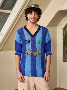 Whitmere Spring/Summer New Vintage Sports Jersey Small V-Neck Striped Short Sleeve T-Shirt Top - Blue - View 5