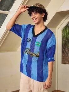 Whitmere Spring/Summer New Vintage Sports Jersey Small V-Neck Striped Short Sleeve T-Shirt Top - Blue - View 6