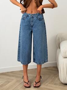 SHEIN Cottnline شورت جينز أزرق فاتح بخصر عالي مقاس كبير بقصة عادية وأزرار أمامية بأسلوب كاجوال مناسب للمواعدة الليلية والصيف - أزرق متوسط - مشاهدة 5