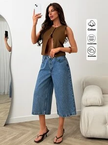 SHEIN Cottnline شورت جينز أزرق فاتح بخصر عالي مقاس كبير بقصة عادية وأزرار أمامية بأسلوب كاجوال مناسب للمواعدة الليلية والصيف - أزرق متوسط - مشاهدة 4