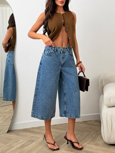 SHEIN Plus High Waist Light Blue Regular Fit Casual Style Button Front Denim Jort Date Night Summer