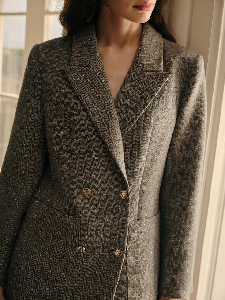 MOTF WOMEN HERRINGBONE PATTERN PEAK COLLAR DOUBLE BREASTED PLACKET BLAZER