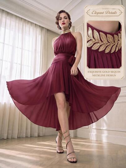 Suri Mira Women's Elegant Romantic Luxury Vintage Wine Red Chiffon Sequin Neck Long Maxi Dress Formal Evening Gown Party Weddings Vacation Fall Summer Winter