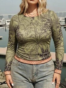 Travachic Plus Size Women's Tropical Print T-Shirt Suitable For Vacation - Multicolor - View 2
