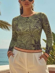 Travachic Plus Size Women's Tropical Print T-Shirt Suitable For Vacation - Multicolor - View 3