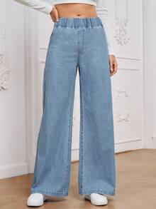 EMERY ROSE Women's Casual All-Match Black High Waisted Wide Leg Loose Woven Jeans, Versatile For All Seasons - Blue - View 3