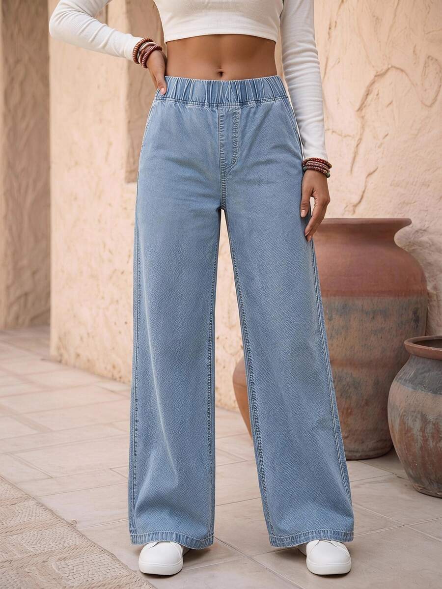 EMERY ROSE Women's Casual All-Match Black High Waisted Wide Leg Loose Woven Jeans, Versatile For All Seasons - Blue - View 1