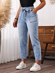 EMERY ROSE Women's Casual Denim Belted Tapered Pants With Pockets - Light Wash - View 6