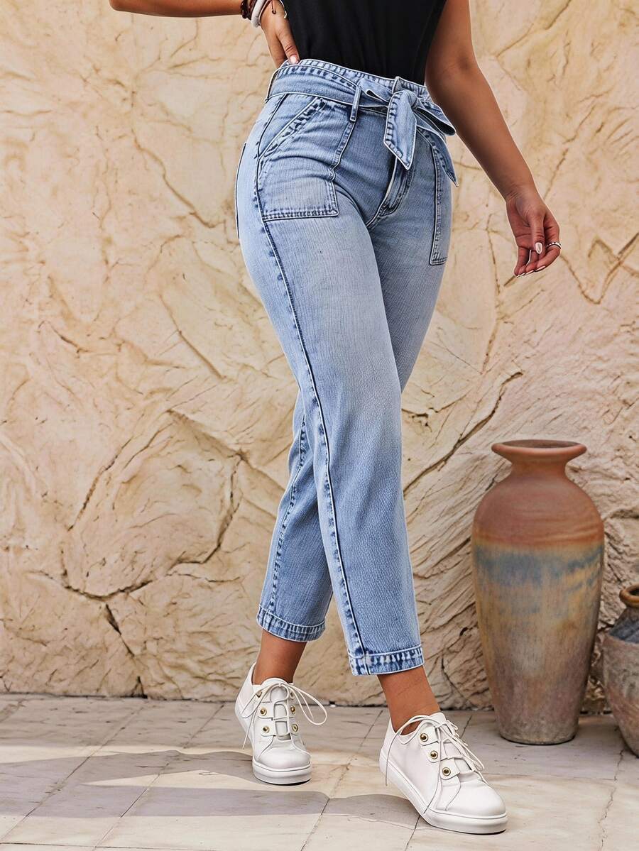 EMERY ROSE Women's Casual Denim Belted Tapered Pants With Pockets - Light Wash - View 1