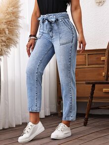 EMERY ROSE Women's Casual Denim Belted Tapered Pants With Pockets - Light Wash - View 7