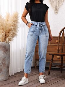 EMERY ROSE Women's Casual Denim Belted Tapered Pants With Pockets - Light Wash - View 5