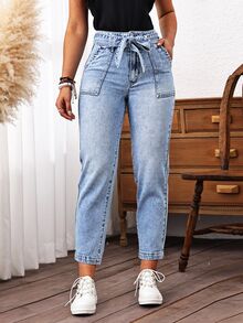 EMERY ROSE Women's Casual Denim Belted Tapered Pants With Pockets - Light Wash - View 4