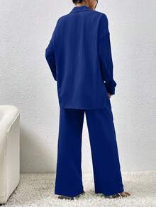 EMERY ROSE Autumn New Textured Fabric Versatile Dropped Shoulder Hem Split Shirt And Practical Slanted Pocket Wide Leg Pants Women 2 Pieces Set - Royal Blue - View 2