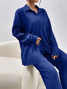 EMERY ROSE Autumn New Textured Fabric Versatile Dropped Shoulder Hem Split Shirt And Practical Slanted Pocket Wide Leg Pants Women 2 Pieces Set - Royal Blue - View 4