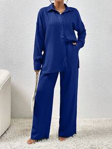 EMERY ROSE Autumn New Textured Fabric Versatile Dropped Shoulder Hem Split Shirt And Practical Slanted Pocket Wide Leg Pants Women 2 Pieces Set - Royal Blue - View 5