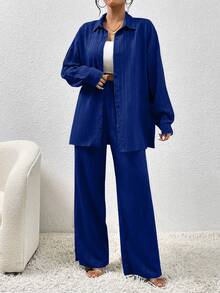 EMERY ROSE Autumn New Textured Fabric Versatile Dropped Shoulder Hem Split Shirt And Practical Slanted Pocket Wide Leg Pants Women 2 Pieces Set - Royal Blue - View 3