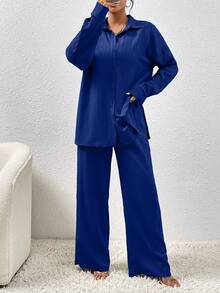 EMERY ROSE Autumn New Textured Fabric Versatile Dropped Shoulder Hem Split Shirt And Practical Slanted Pocket Wide Leg Pants Women 2 Pieces Set - Royal Blue - View 6