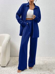 EMERY ROSE Autumn New Textured Fabric Versatile Dropped Shoulder Hem Split Shirt And Practical Slanted Pocket Wide Leg Pants Women 2 Pieces Set - Royal Blue - View 7