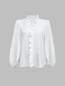 EMERY ROSE Ruffle Trim Lantern Sleeve Blouse,Long Sleeve Tops Fall Cloth For Women - White - View 7