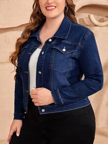 EMERY ROSE Women Plain Button Front Long Sleeve Denim Jacket With Pockets - Blue - View 6