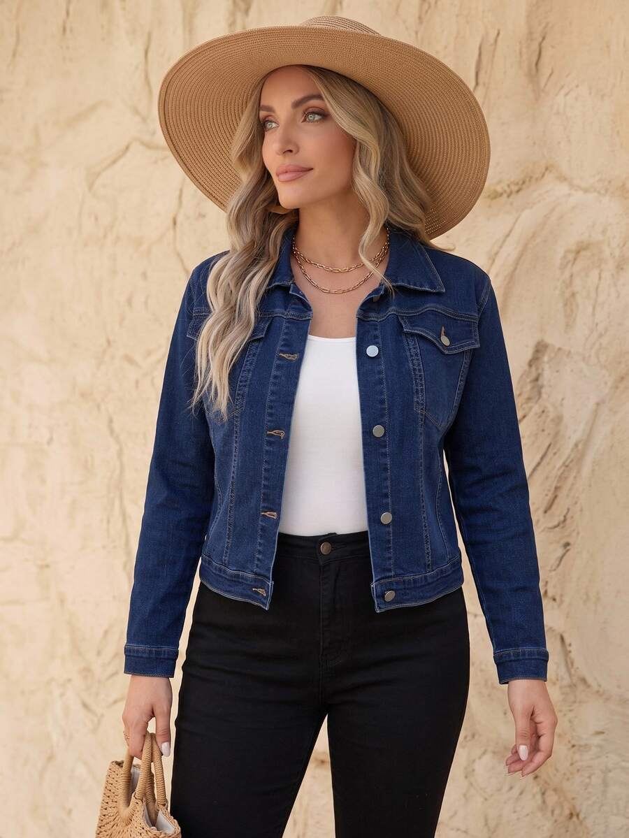 EMERY ROSE Women Plain Button Front Long Sleeve Denim Jacket With Pockets - Blue - View 1
