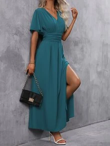 EMERY ROSE Butterfly Sleeve Split Thigh Dress Maxi Women Outfit - Teal Blue - View 7