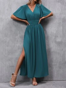 EMERY ROSE Butterfly Sleeve Split Thigh Dress Maxi Women Outfit - Teal Blue - View 5